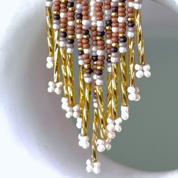 Hand Beaded Neutral Brown Earthy Colors Metallic Gold Tassel Dangle Earrings - Picture 3 of 6